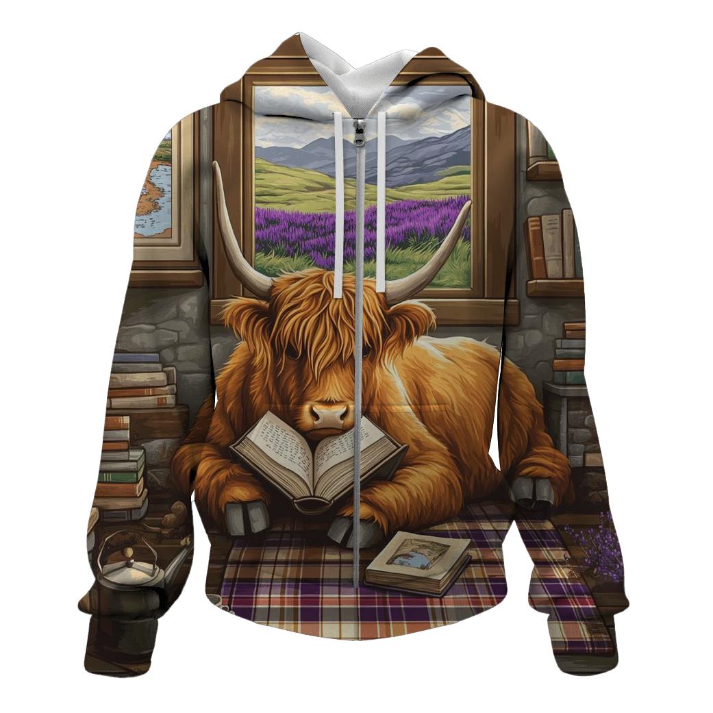 Heather Library Reading Highland Cow embroidered hoodies