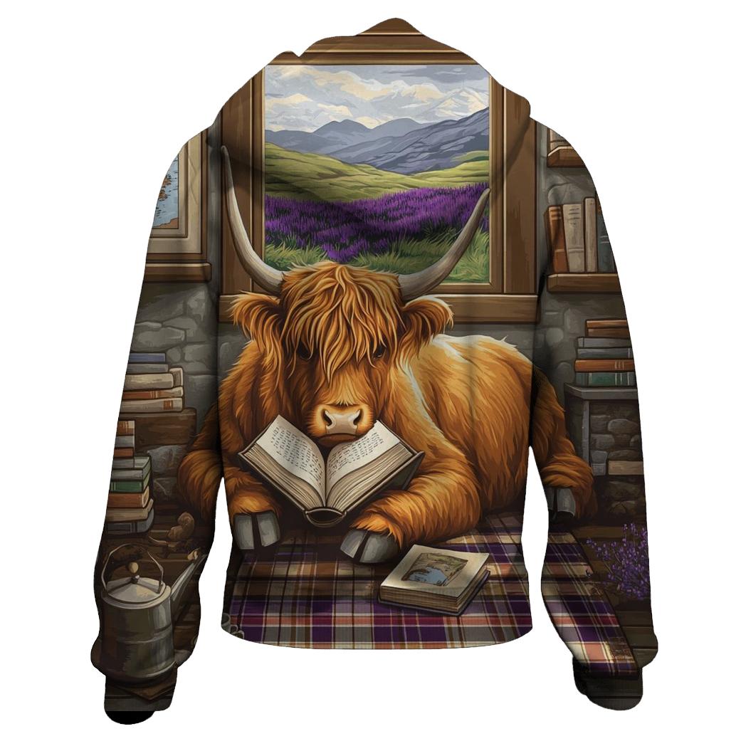 Heather Library Reading Highland Cow embroidered hoodies