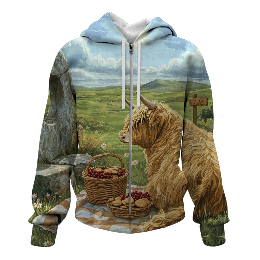 Stone Circle Picnic, Highland Cow Companion hoodie styles