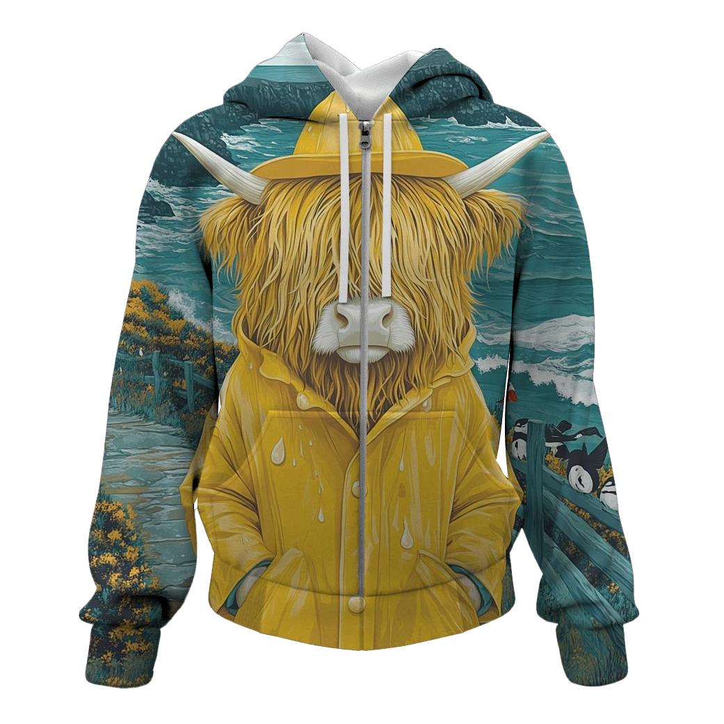 Highland Cow In Raincoat By The Sea Cliffs hoodie designs
