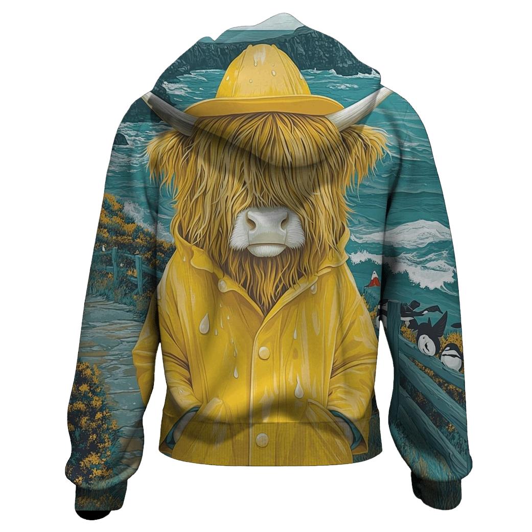 Highland Cow In Raincoat By The Sea Cliffs hoodie designs