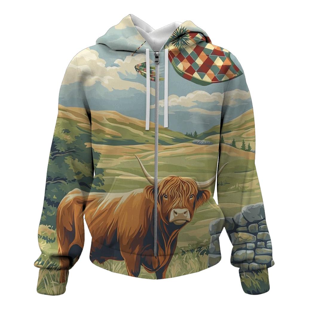 Tartan Kite Field With Highland Cow Watcher graphic hoodies