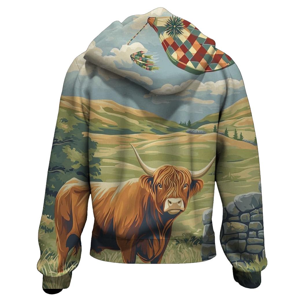 Tartan Kite Field With Highland Cow Watcher graphic hoodies