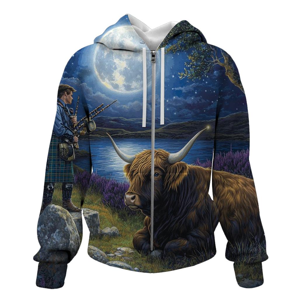 Moonlit Bagpiper With Highland Cow Listener printed hoodies