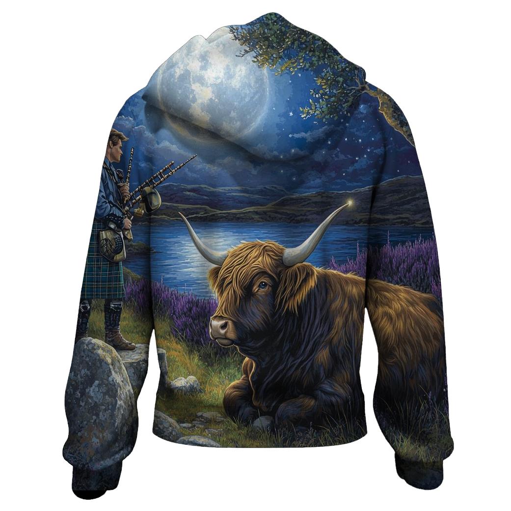 Moonlit Bagpiper With Highland Cow Listener printed hoodies