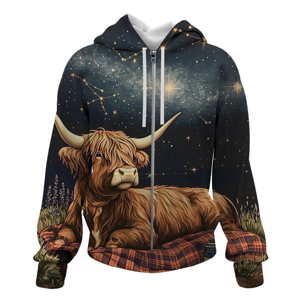 Highland Cow Stargazer On A Blanket designer hoodies