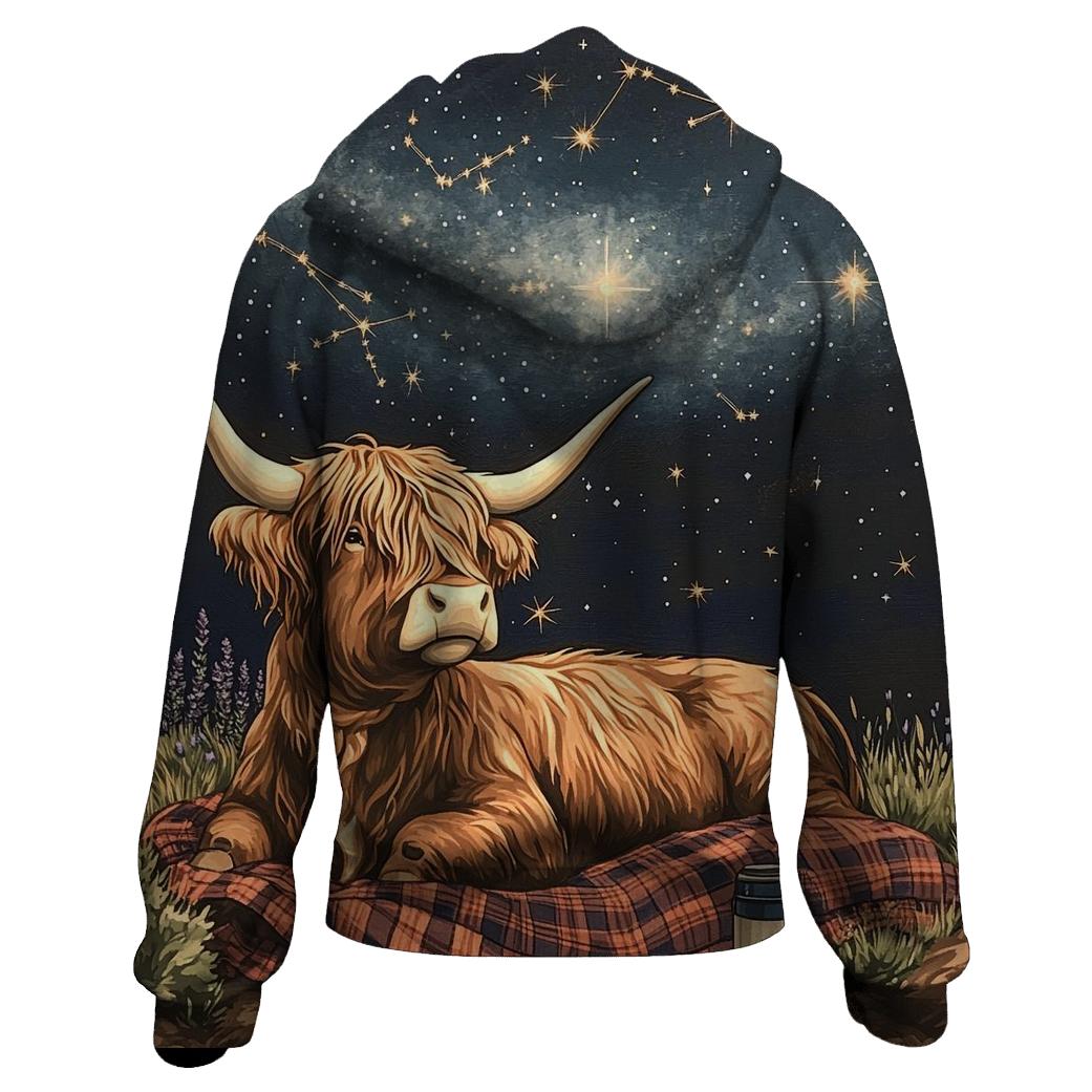 Highland Cow Stargazer On A Blanket designer hoodies