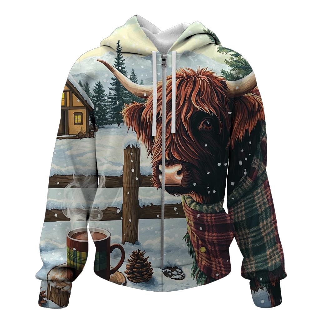 Winter Cocoa With Highland Cow By The Fence hoodies fashion