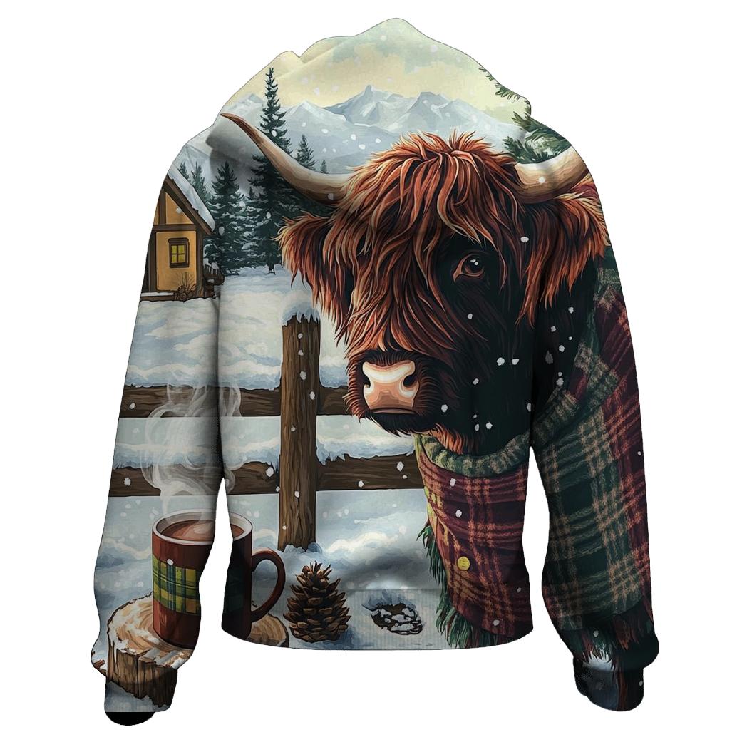 Winter Cocoa With Highland Cow By The Fence hoodies fashion