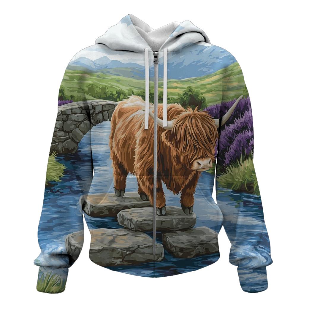 Highland Cow River Crossing On Stepping Stones designer hoodies