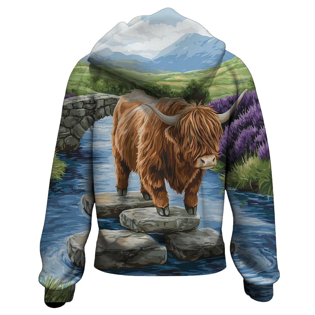 Highland Cow River Crossing On Stepping Stones designer hoodies