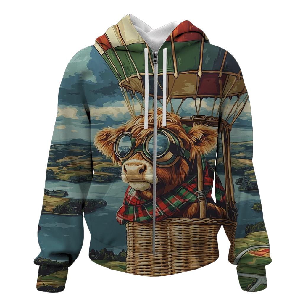 Highland Cow Balloon Ride Over The Loch graphic hoodies