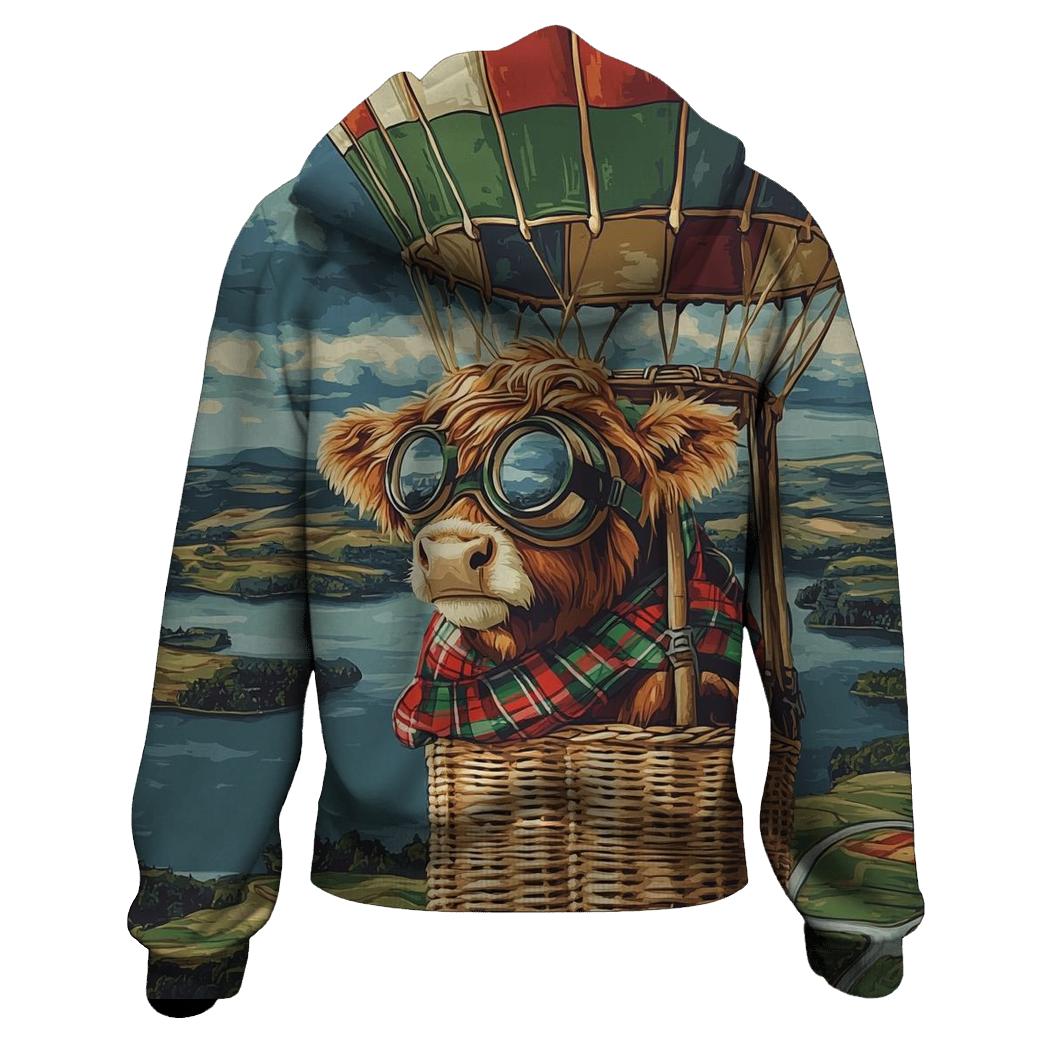 Highland Cow Balloon Ride Over The Loch graphic hoodies