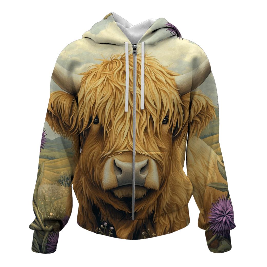 Highland Cow In Thistle Meadow Portrait custom hoodies