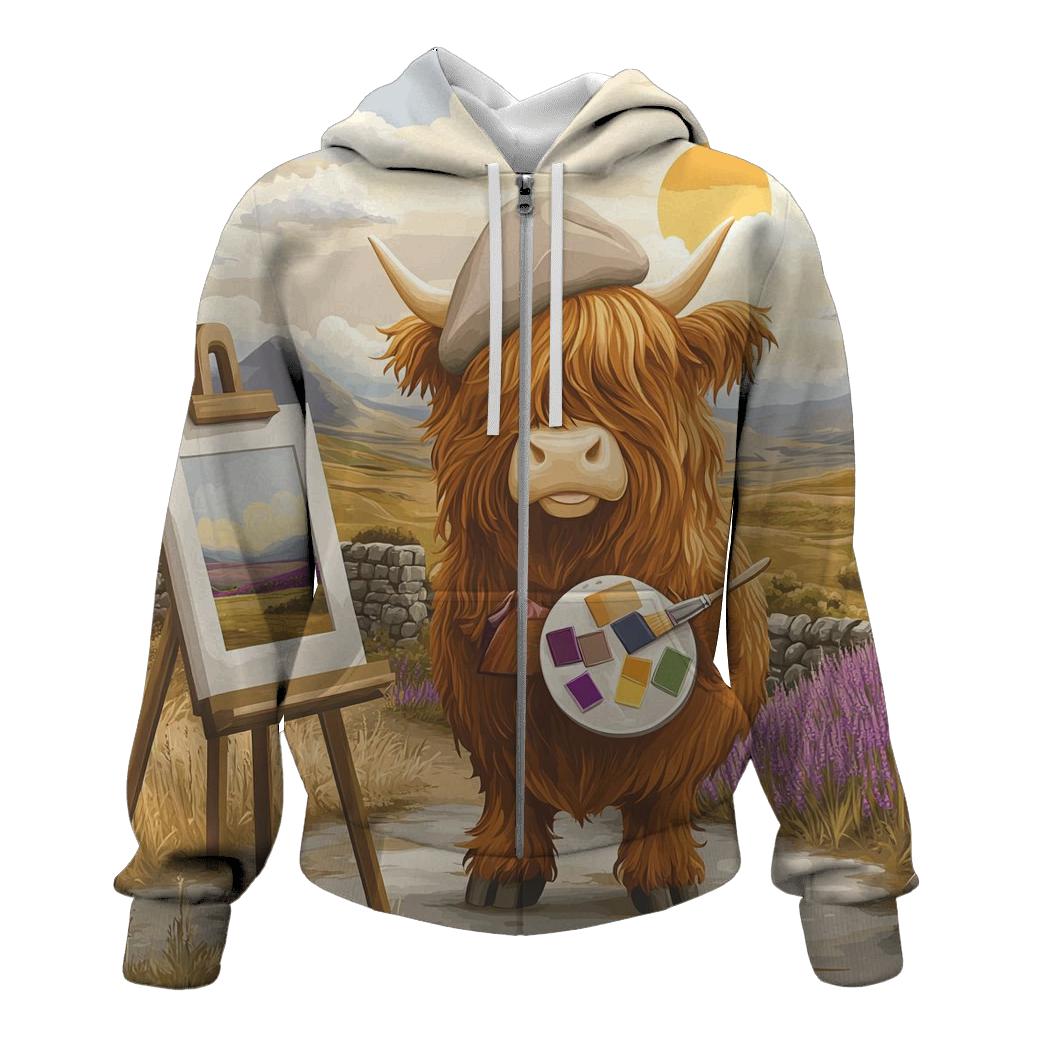 Highland Cow Art Student With Easel hoodie styles