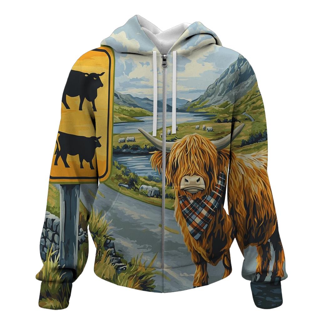 Highland Cow Crossing Sign At The Roadside pullover hoodies