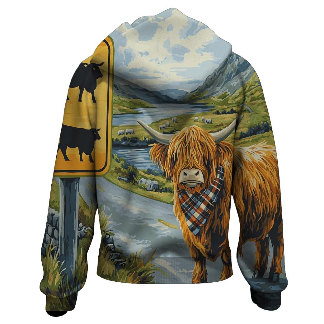 Highland Cow Crossing Sign At The Roadside pullover hoodies