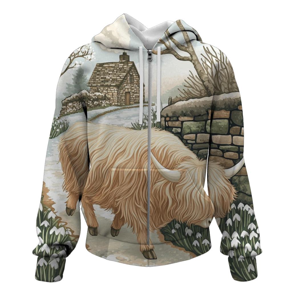 Highland Cow Snowdrop Path In Early Spring lightweight hoodies