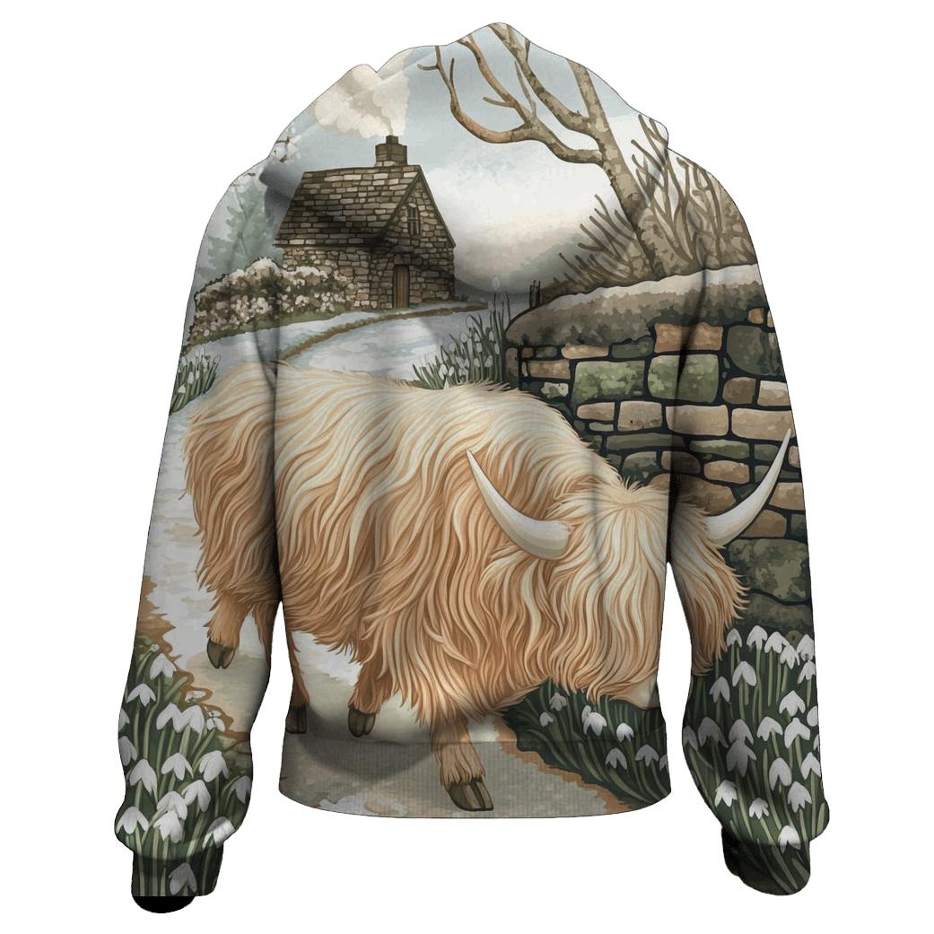 Highland Cow Snowdrop Path In Early Spring lightweight hoodies