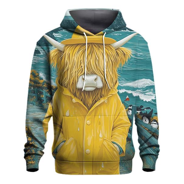 Highland Cow In Raincoat By The Sea Cliffs custom hoodies