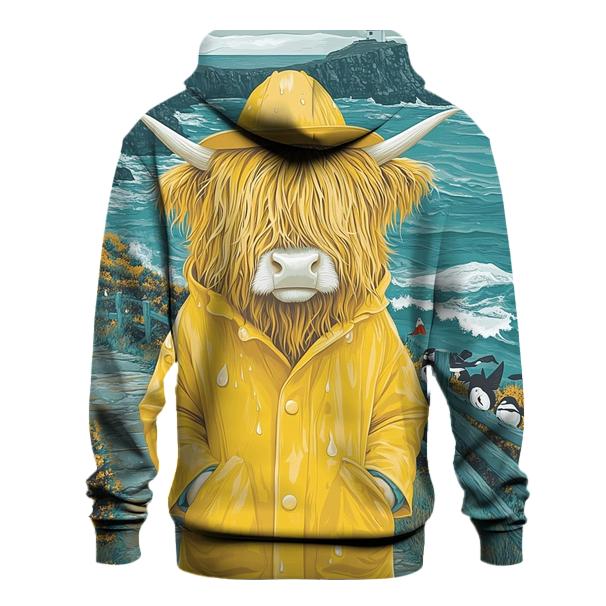Highland Cow In Raincoat By The Sea Cliffs custom hoodies