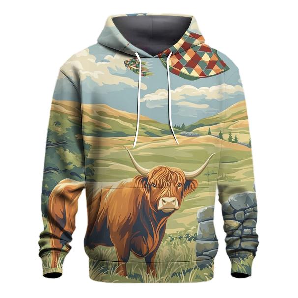 Tartan Kite Field With Highland Cow Watcher graphic hoodies