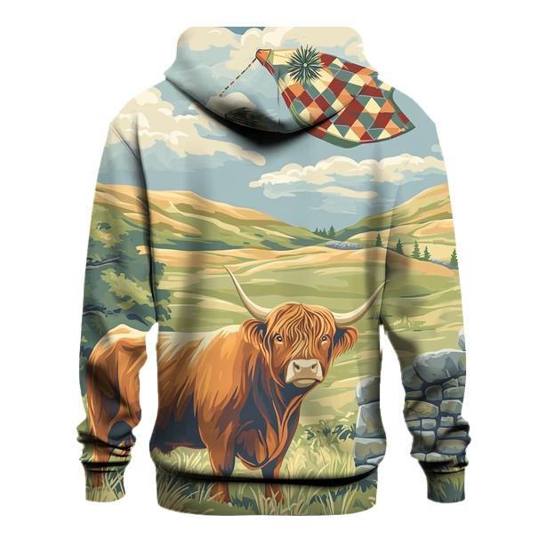 Tartan Kite Field With Highland Cow Watcher graphic hoodies