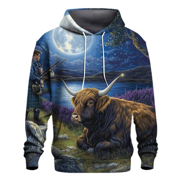 Moonlit Bagpiper With Highland Cow Listener embroidered hoodies