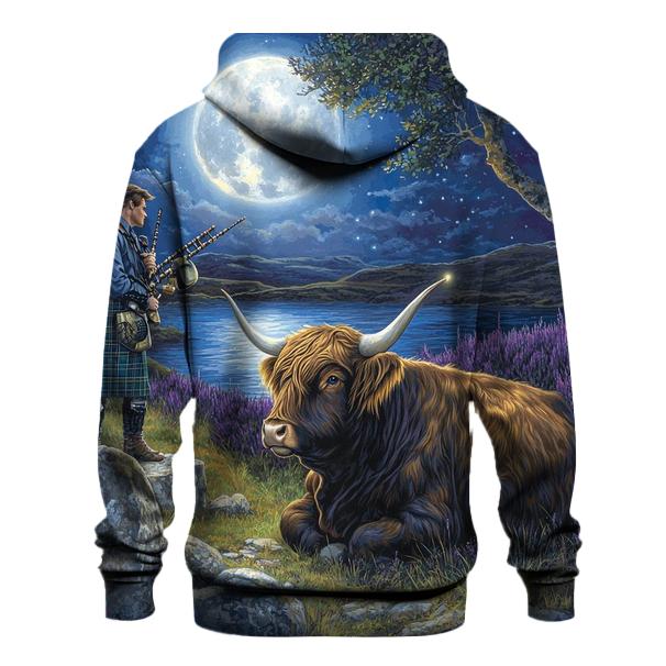 Moonlit Bagpiper With Highland Cow Listener embroidered hoodies