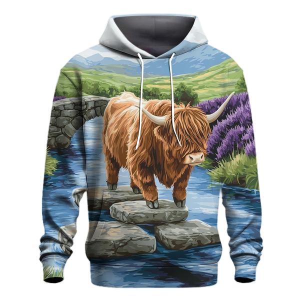 Highland Cow River Crossing On Stepping Stones hoodies fashion
