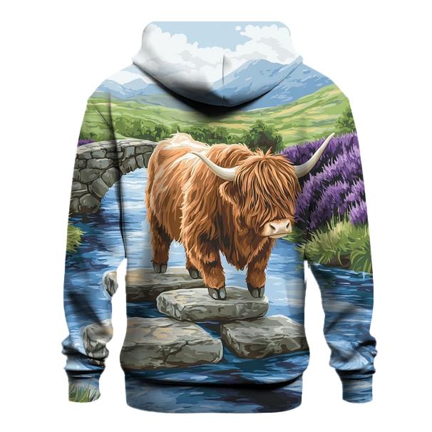 Highland Cow River Crossing On Stepping Stones hoodies fashion