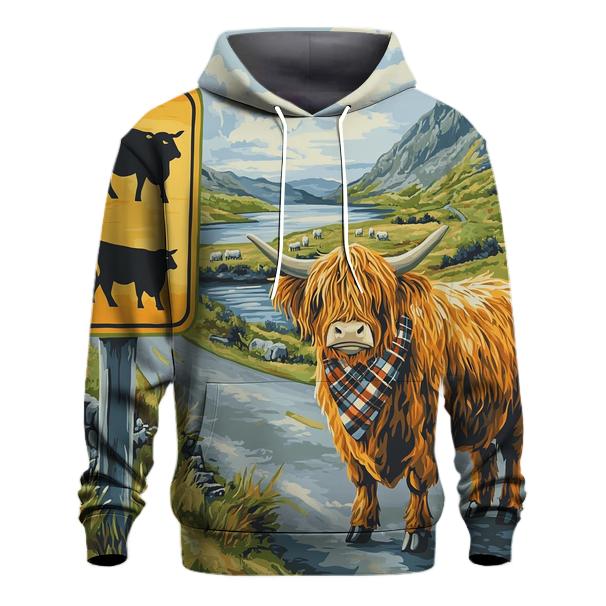 Highland Cow Crossing Sign At The Roadside lightweight hoodies
