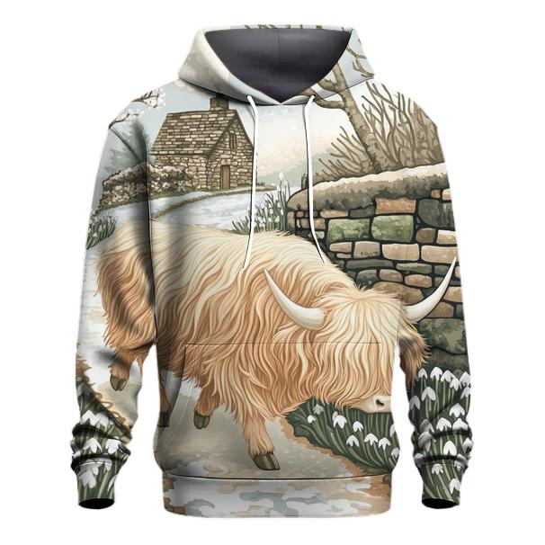 Highland Cow Snowdrop Path In Early Spring pullover hoodies