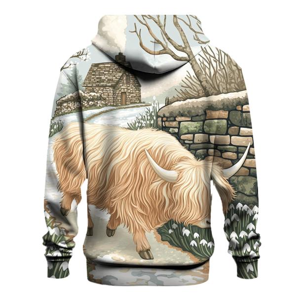 Highland Cow Snowdrop Path In Early Spring pullover hoodies