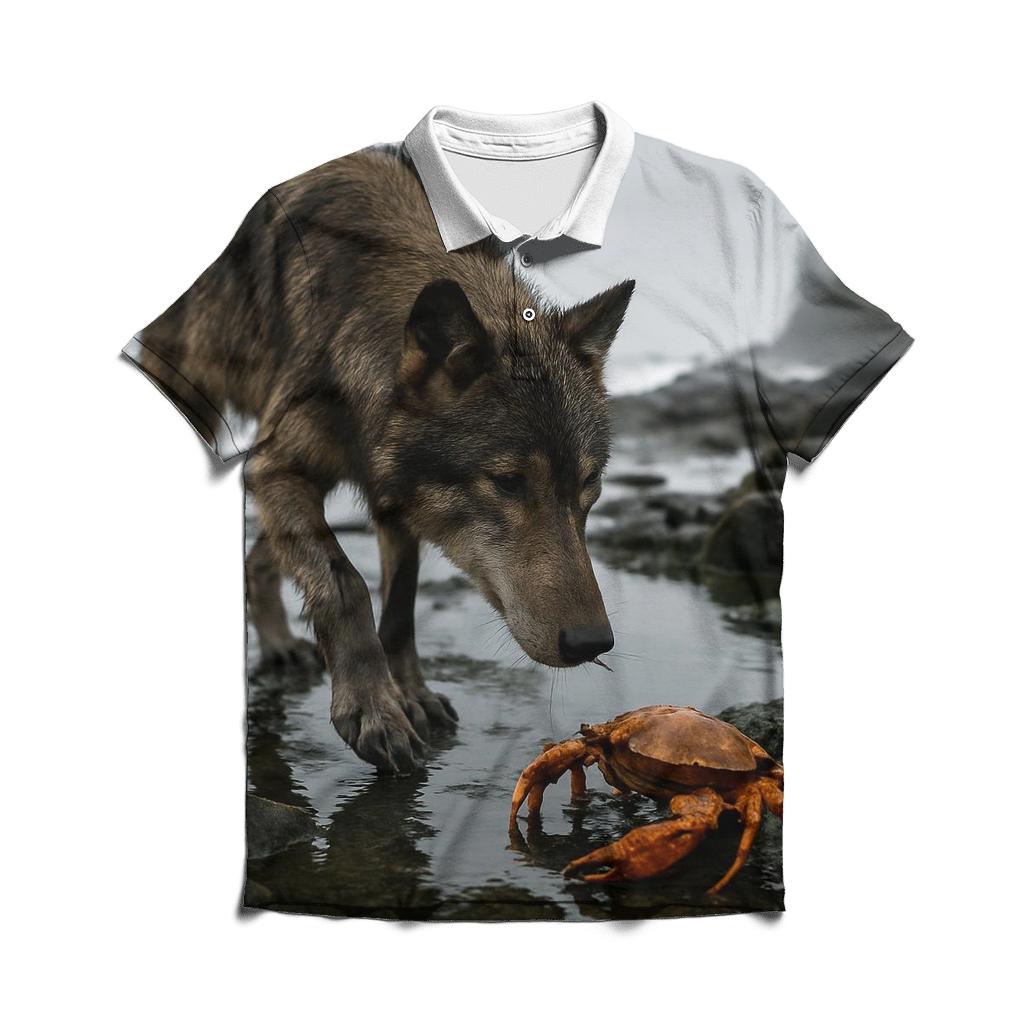 Coastal Wolf Foraging At Low Tide branded logo polo shirts