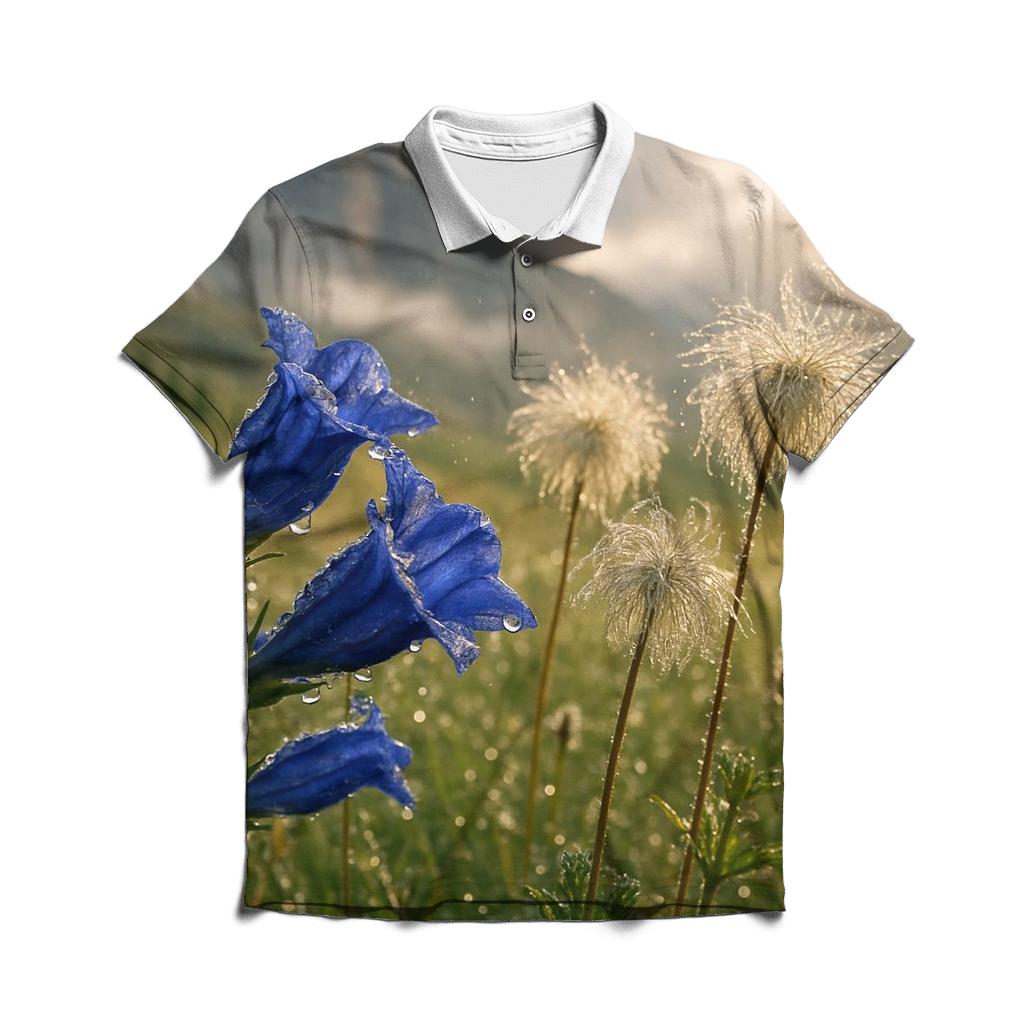 Storm Cleared Alpine Meadow With Gentian And Anemone Seedheads custom polo shirts