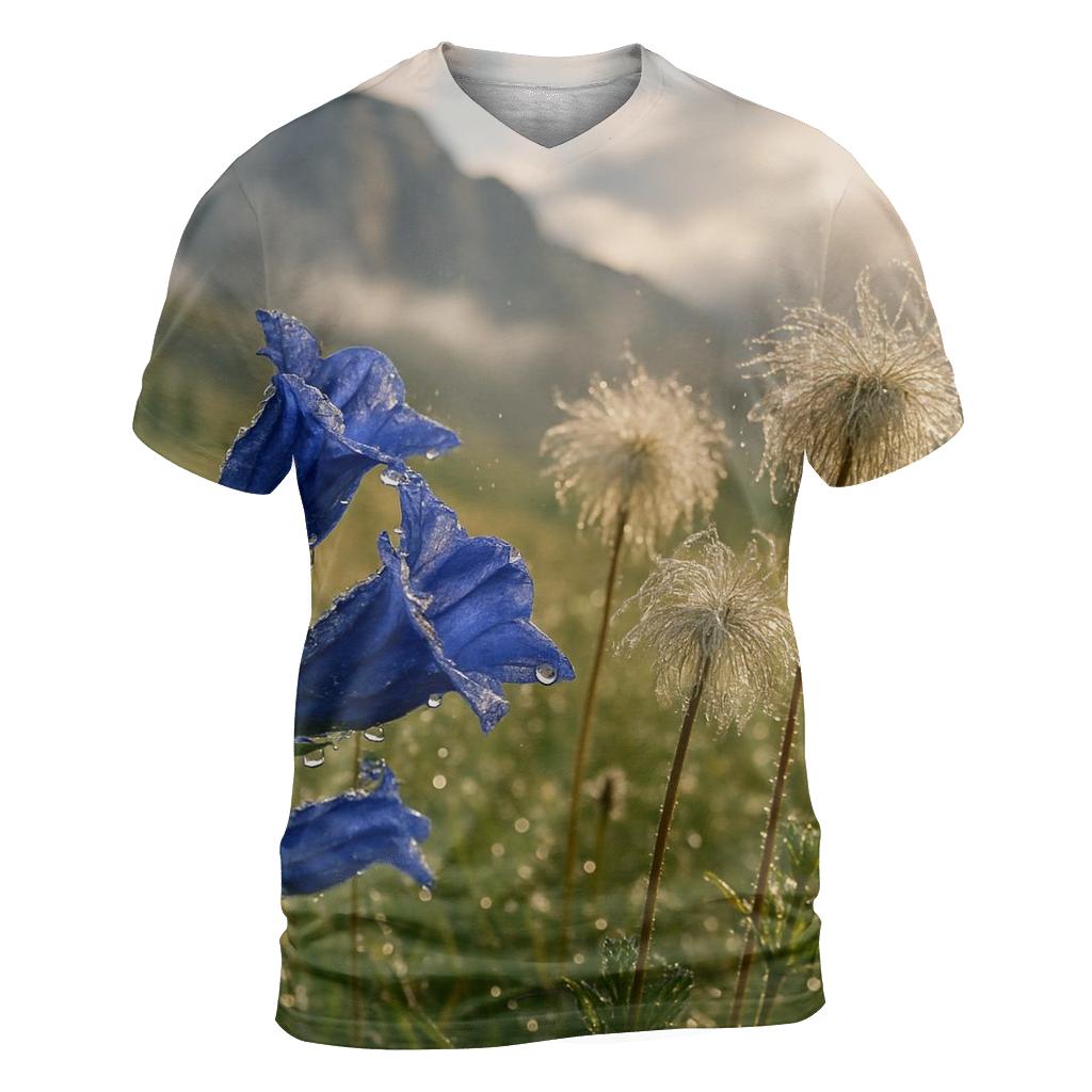 Storm Cleared Alpine Meadow With Gentian And Anemone Seedheads trendy printed shirt styles
