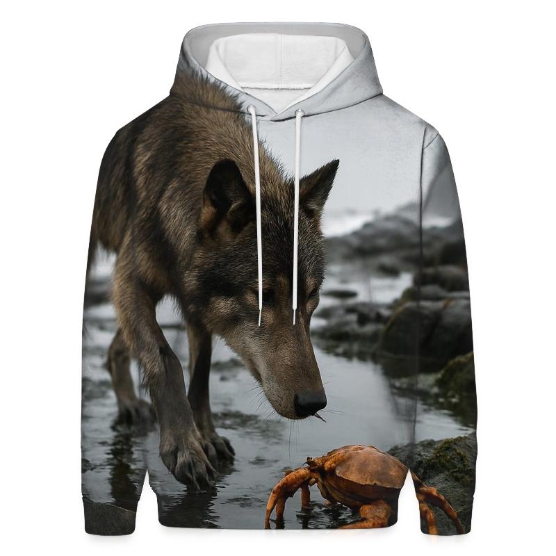 Coastal Wolf Foraging At Low Tide printed hoodies
