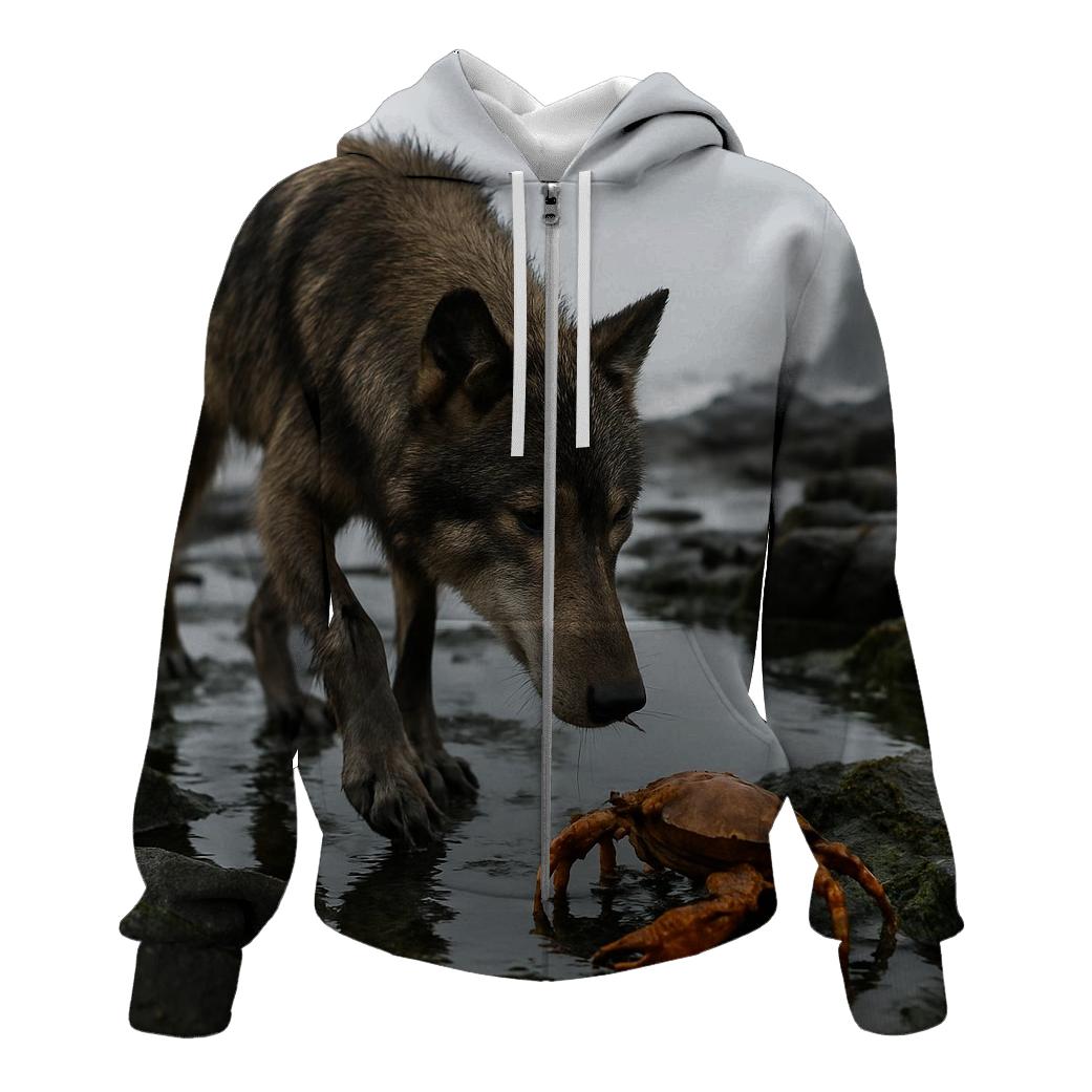 Coastal Wolf Foraging At Low Tide printed hoodies
