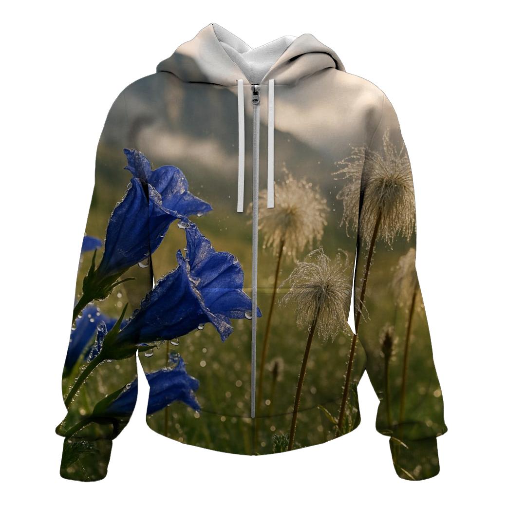 Storm Cleared Alpine Meadow With Gentian And Anemone Seedheads embroidered hoodies