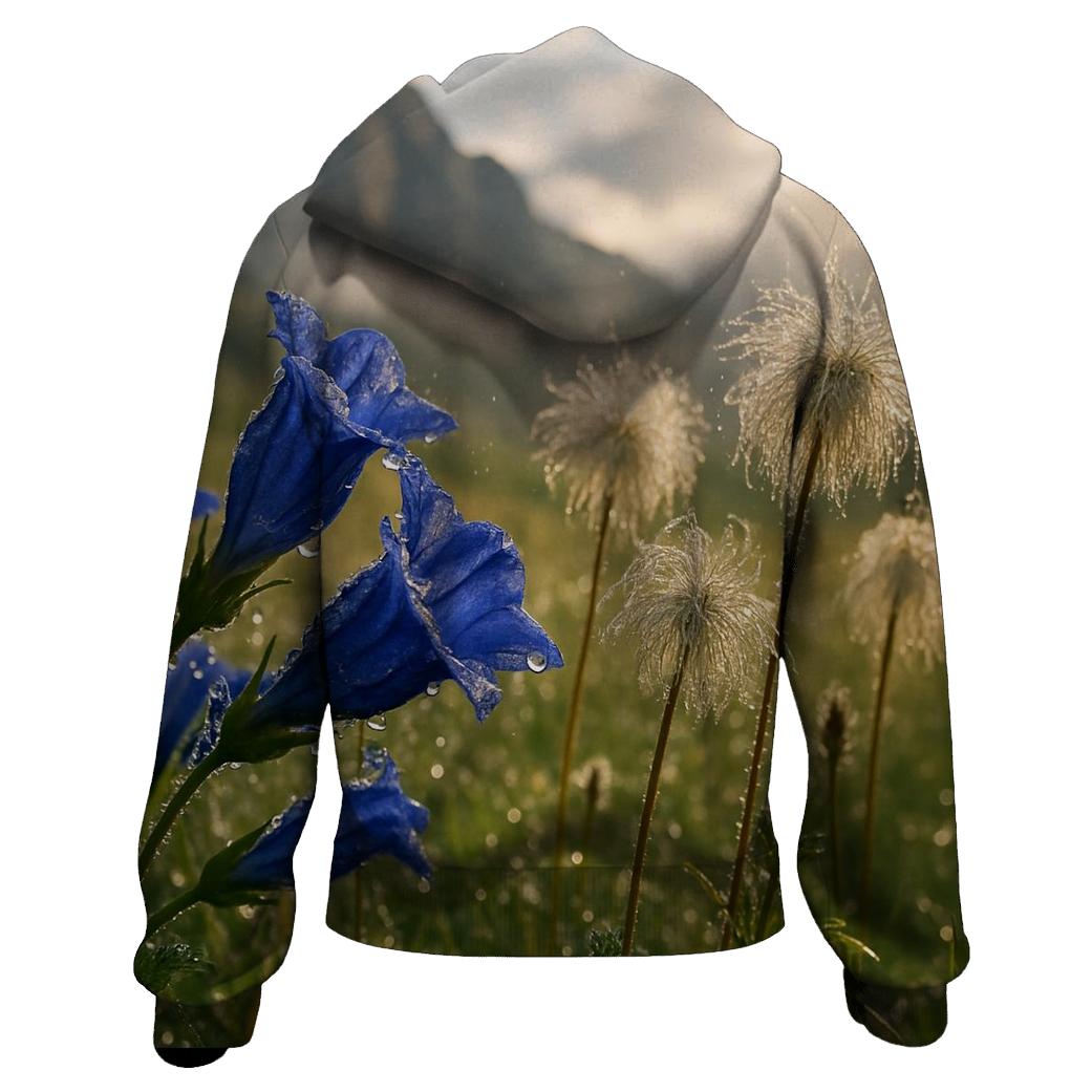 Storm Cleared Alpine Meadow With Gentian And Anemone Seedheads embroidered hoodies