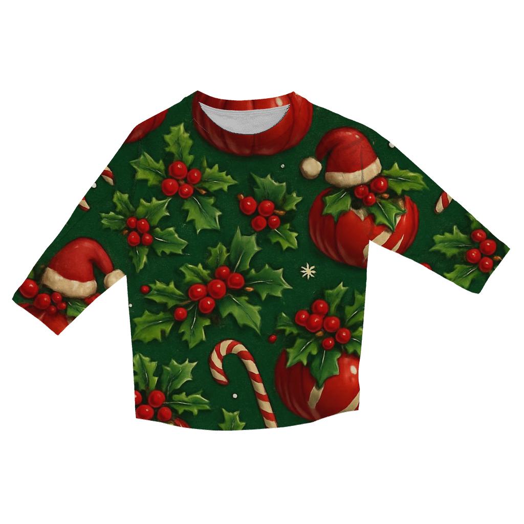Crimson Santa Pumpkin Ornament Tessellation On Pine Green Background printed three quarter sleeve shirts