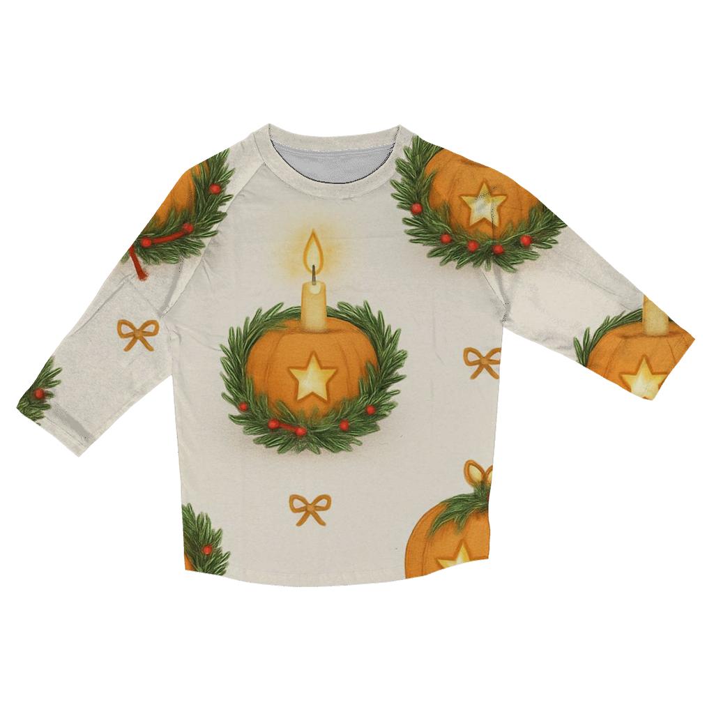 Golden Candlelit Pumpkin Wreath Grid On Snow White Background personalized 3/4 sleeve tees