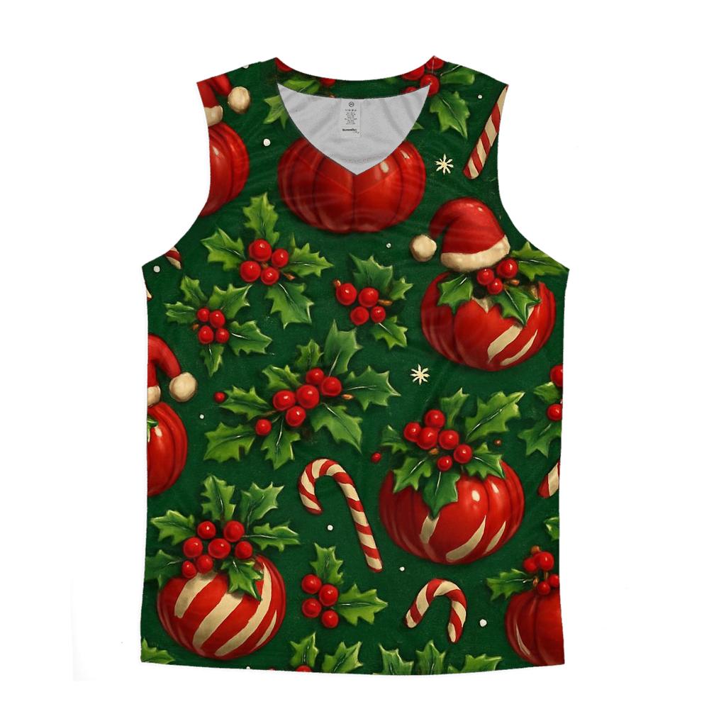 Crimson Santa Pumpkin Ornament Tessellation On Pine Green Background cotton sleeveless tops