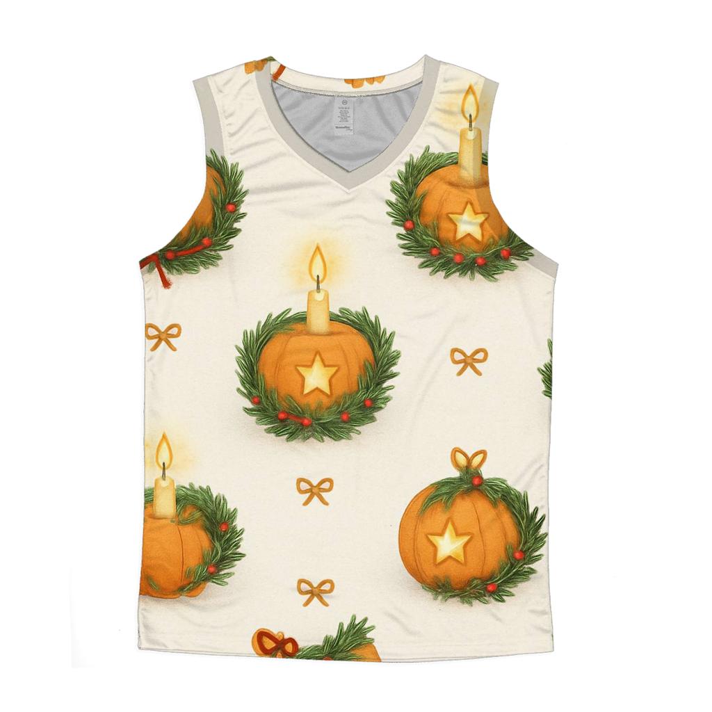 Golden Candlelit Pumpkin Wreath Grid On Snow White Background cotton sleeveless tops