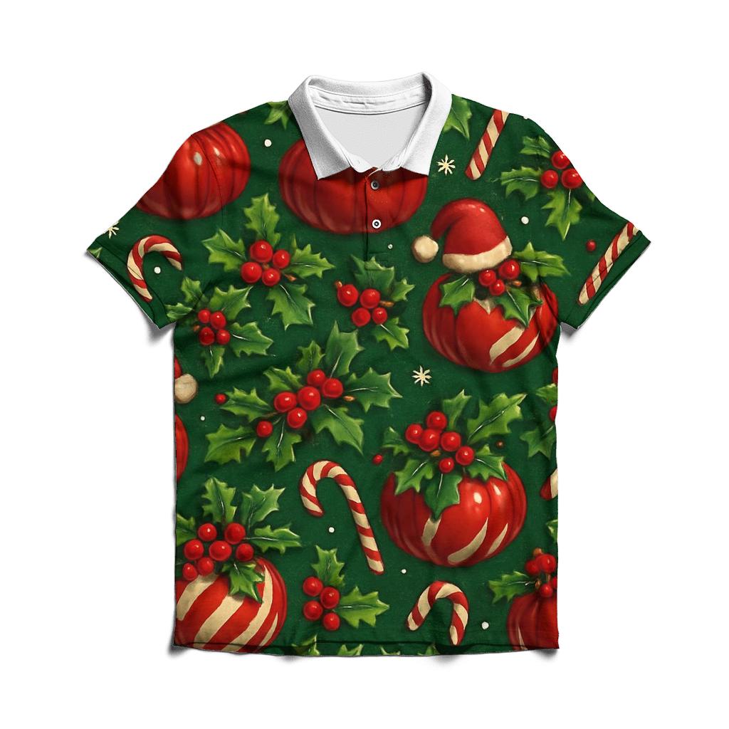 Crimson Santa Pumpkin Ornament Tessellation On Pine Green Background branded logo polo shirts