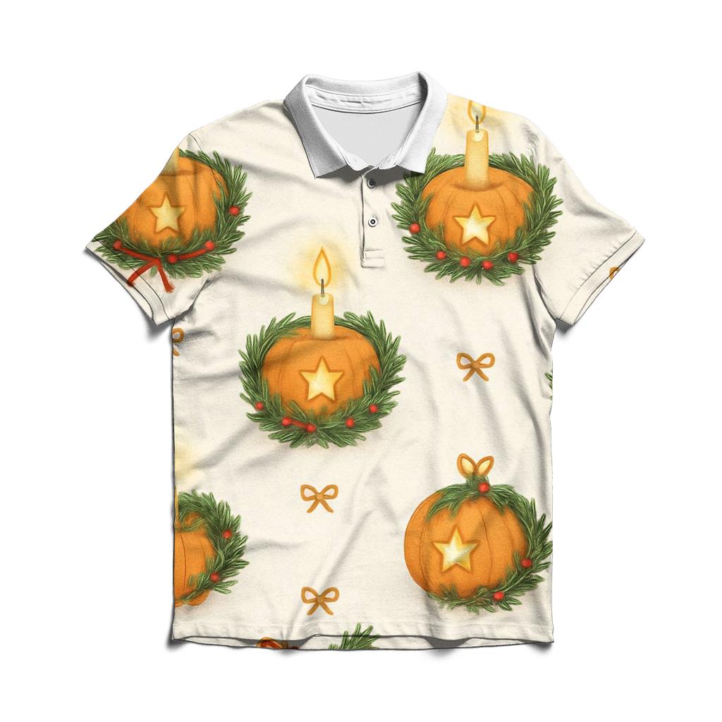 Golden Candlelit Pumpkin Wreath Grid On Snow White Background premium cotton polo shirts