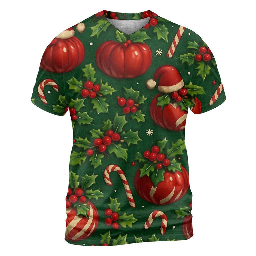 Crimson Santa Pumpkin Ornament Tessellation On Pine Green Background statement graphic shirts