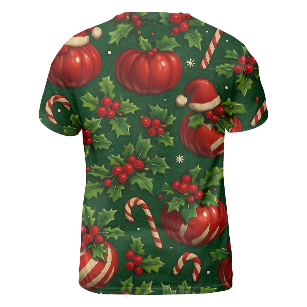 Crimson Santa Pumpkin Ornament Tessellation On Pine Green Background statement graphic shirts