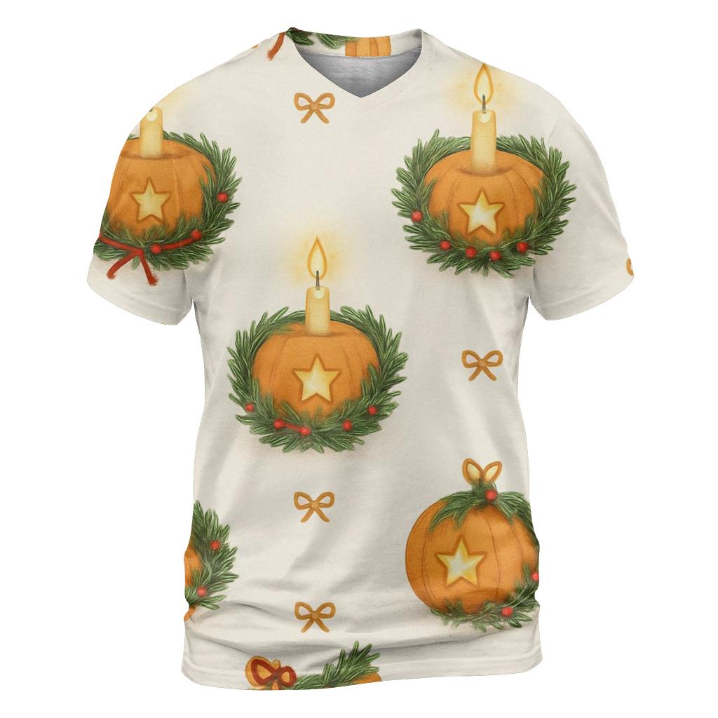 Golden Candlelit Pumpkin Wreath Grid On Snow White Background custom all-over print shirts
